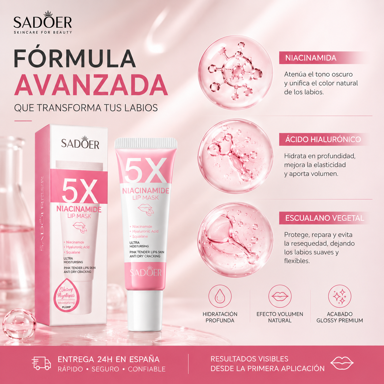 SADOER 5X Mascarilla Labial con Niacinamida – Efecto Labios Carnosos, Rosados e Hidratados 10g