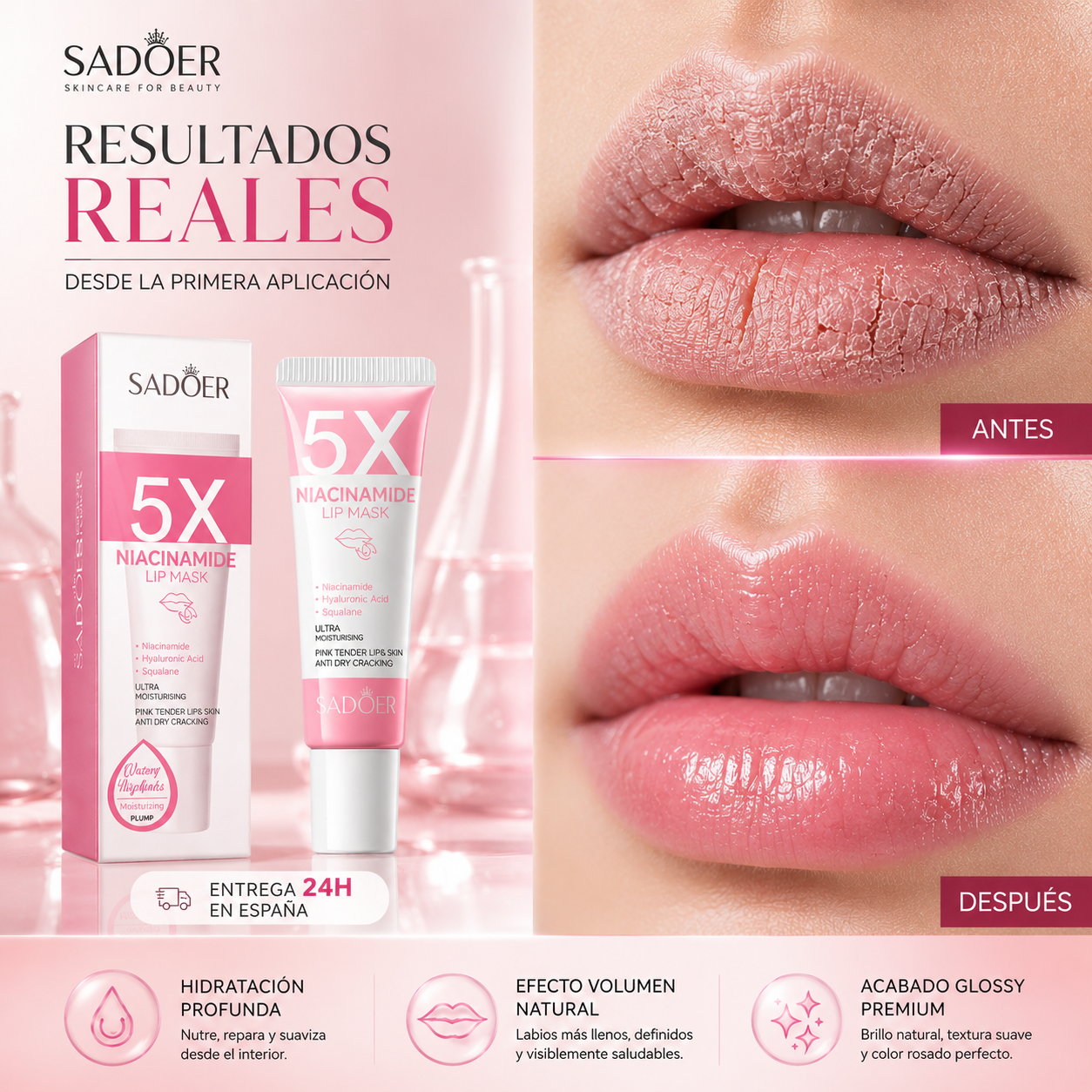 SADOER 5X Mascarilla Labial con Niacinamida – Efecto Labios Carnosos, Rosados e Hidratados 10g