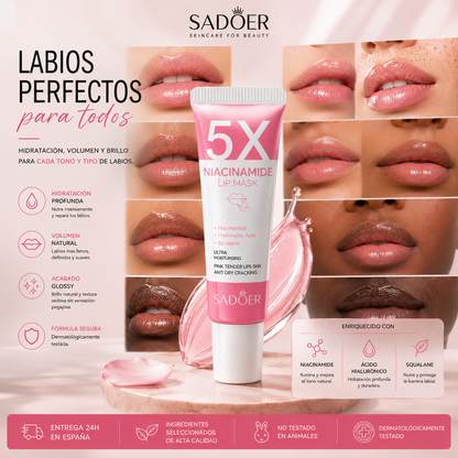 SADOER 5X Mascarilla Labial con Niacinamida – Efecto Labios Carnosos, Rosados e Hidratados 10g