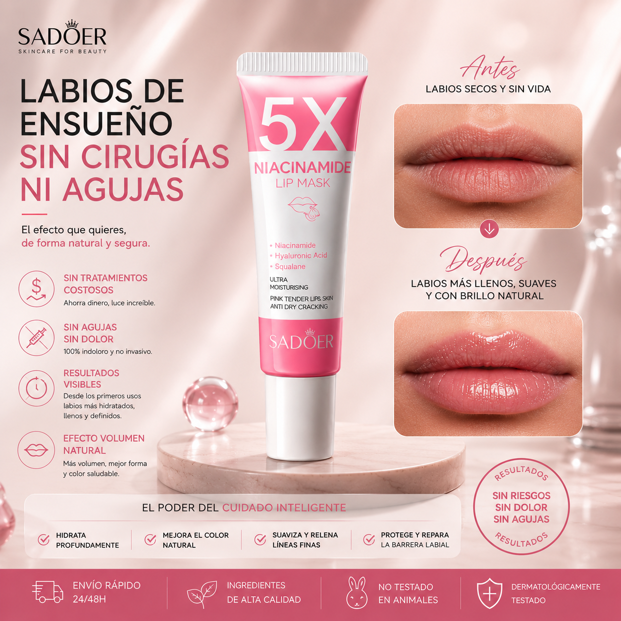 SADOER 5X Mascarilla Labial con Niacinamida – Efecto Labios Carnosos, Rosados e Hidratados 10g