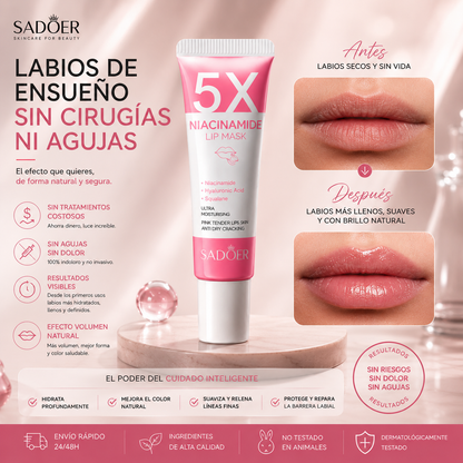 SADOER 5X Mascarilla Labial con Niacinamida – Efecto Labios Carnosos, Rosados e Hidratados 10g