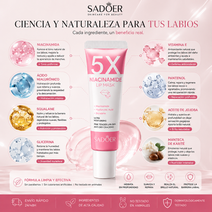 SADOER 5X Mascarilla Labial con Niacinamida – Efecto Labios Carnosos, Rosados e Hidratados 10g