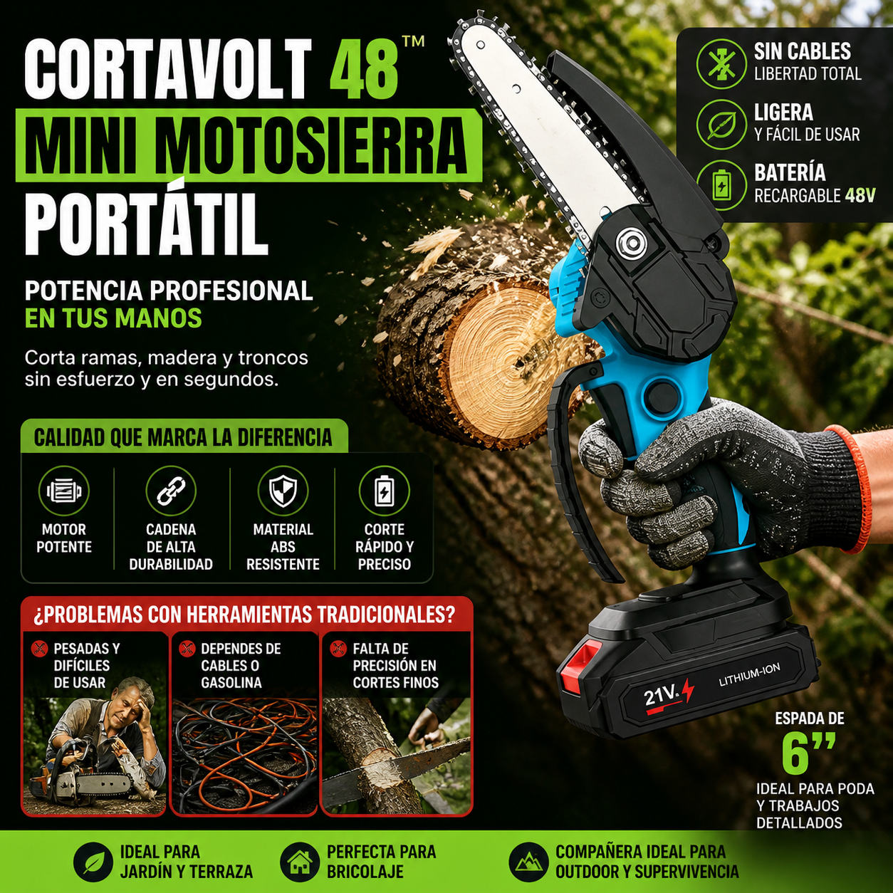 CortaVolt 48™ – Mini Motosierra Portátil 6” | Ligera, Potente y Fácil de Usar con Una Sola Mano