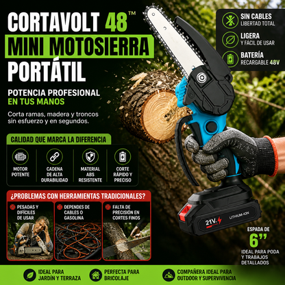 CortaVolt 48™ – Mini Motosierra Portátil 6” | Ligera, Potente y Fácil de Usar con Una Sola Mano
