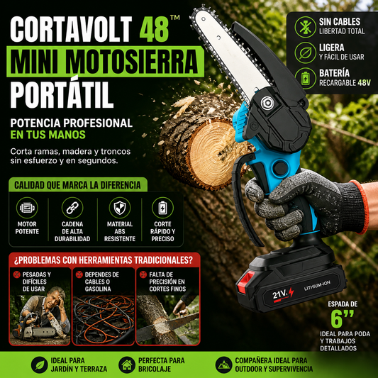 CortaVolt 48™ – Mini Motosierra Portátil 6” | Ligera, Potente y Fácil de Usar con Una Sola Mano