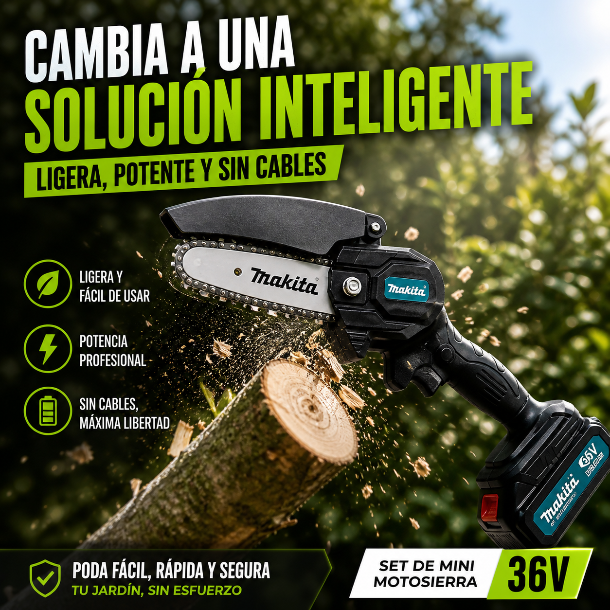 CortaVolt 48™ – Mini Motosierra Portátil 6” | Ligera, Potente y Fácil de Usar con Una Sola Mano