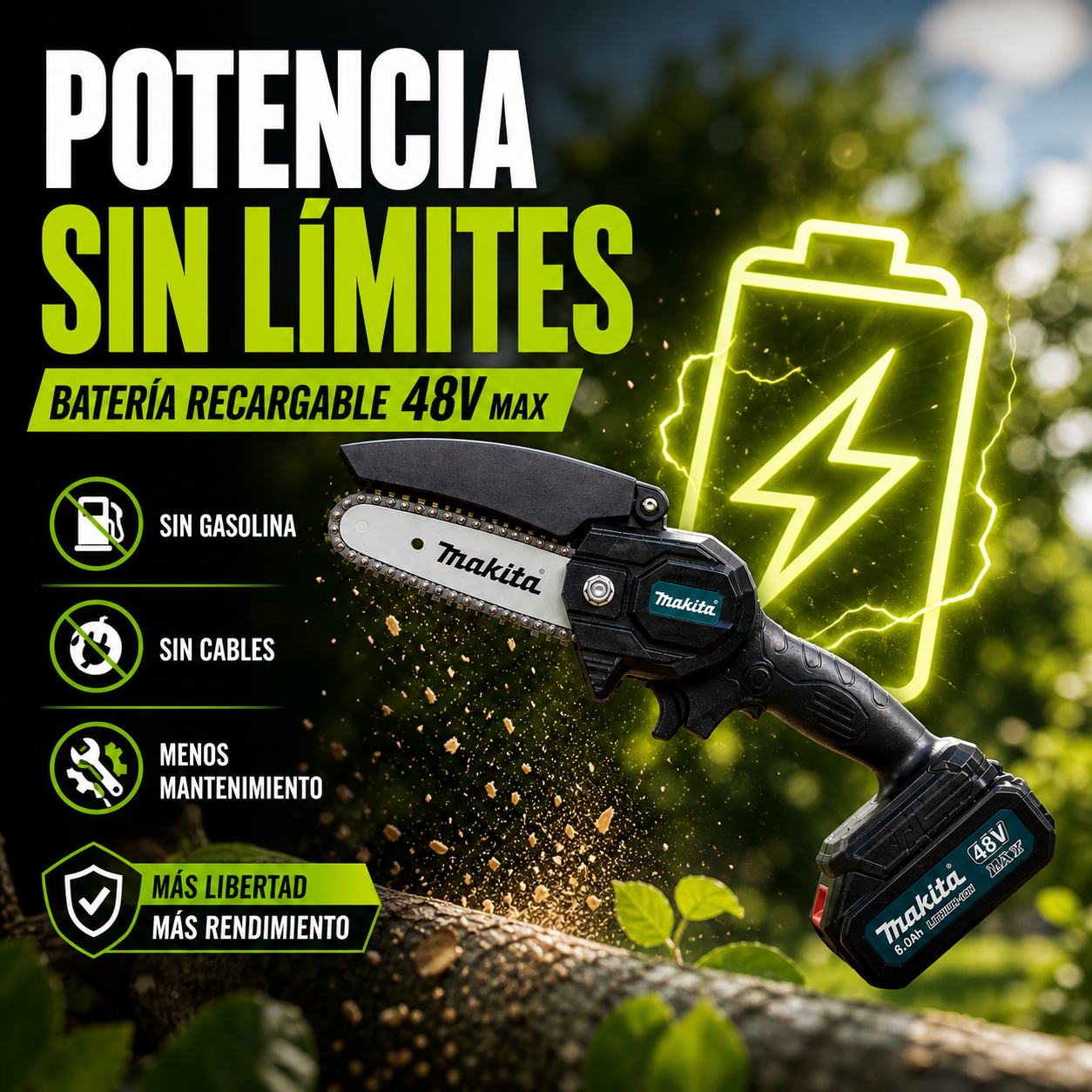 CortaVolt 48™ – Mini Motosierra Portátil 6” | Ligera, Potente y Fácil de Usar con Una Sola Mano